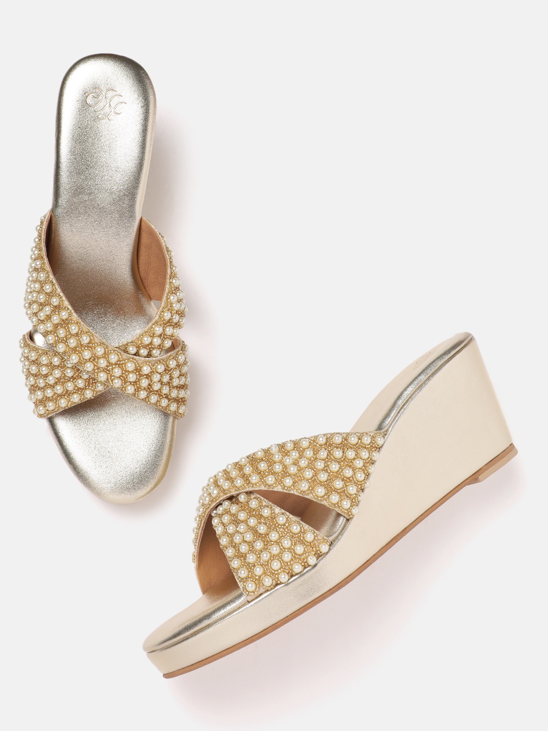 

House of Pataudi Ethnic Embellished Wedge Heels, Gold