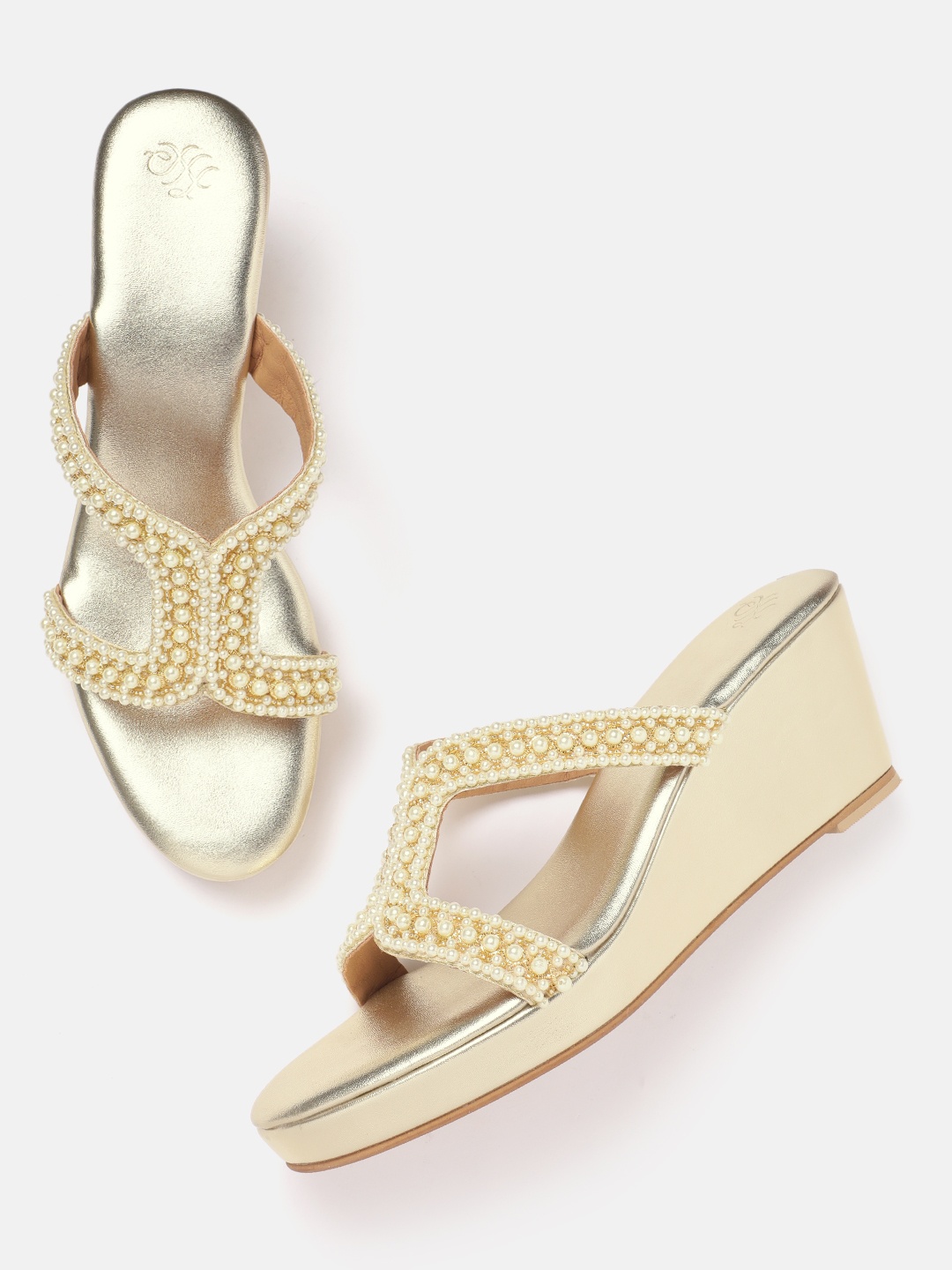 

House of Pataudi Ethnic Embellished Wedge Heels, Gold