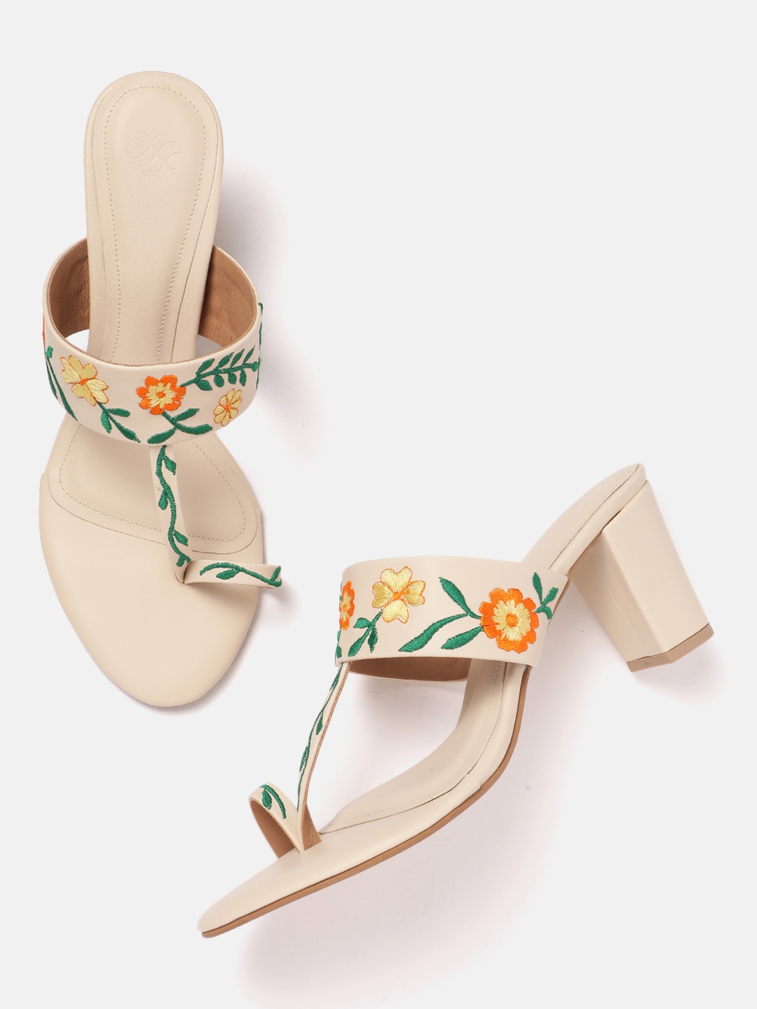 

House of Pataudi Ethnic Embroidered Block Heels, Beige
