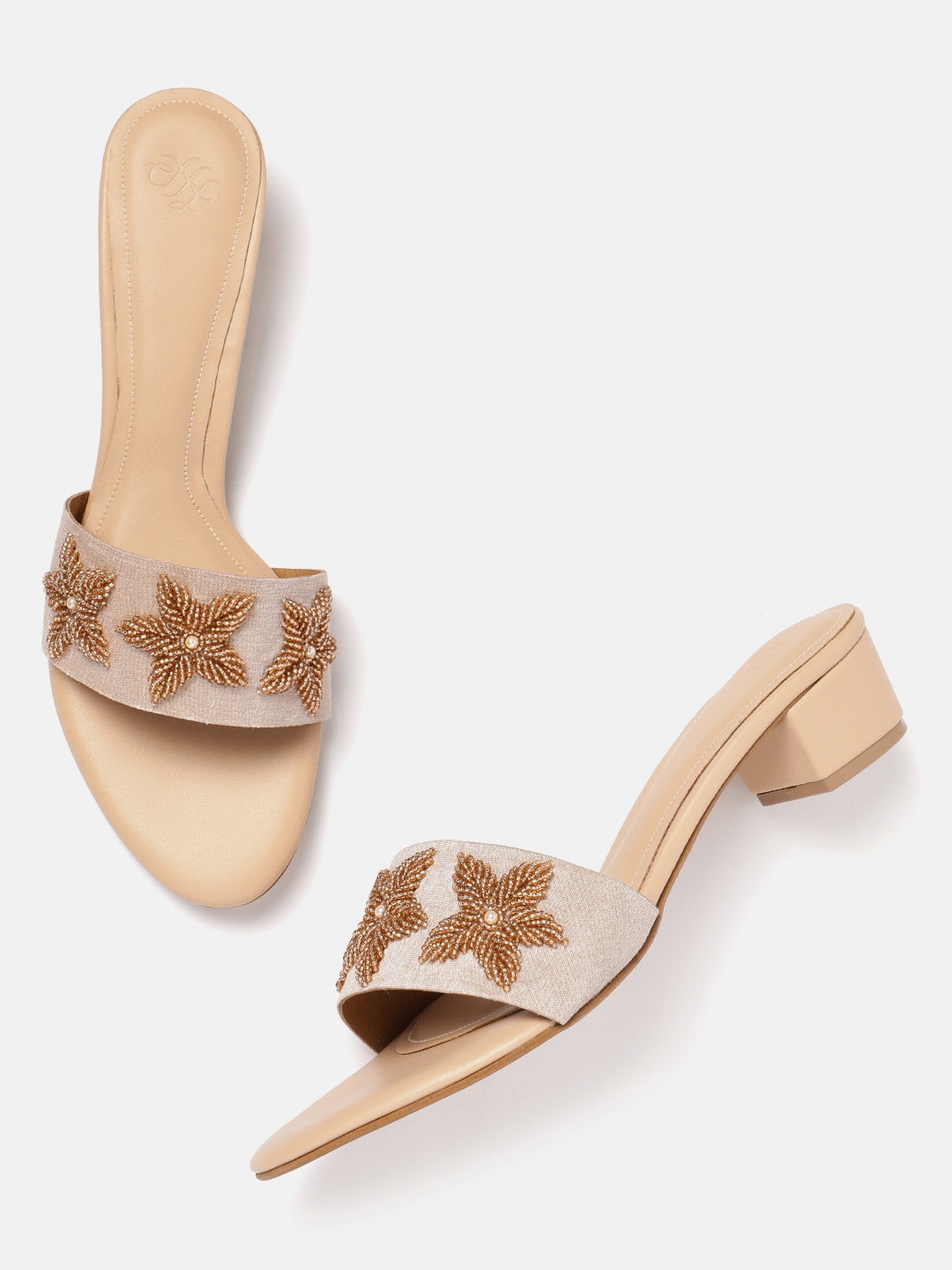 

House of Pataudi Beads Embellished Floral Comfort Heels, Beige