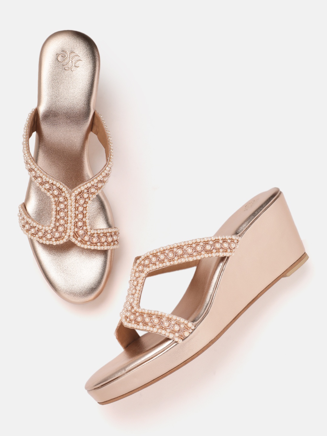 

House of Pataudi Ethnic Embellished Wedge Heels, Rose gold