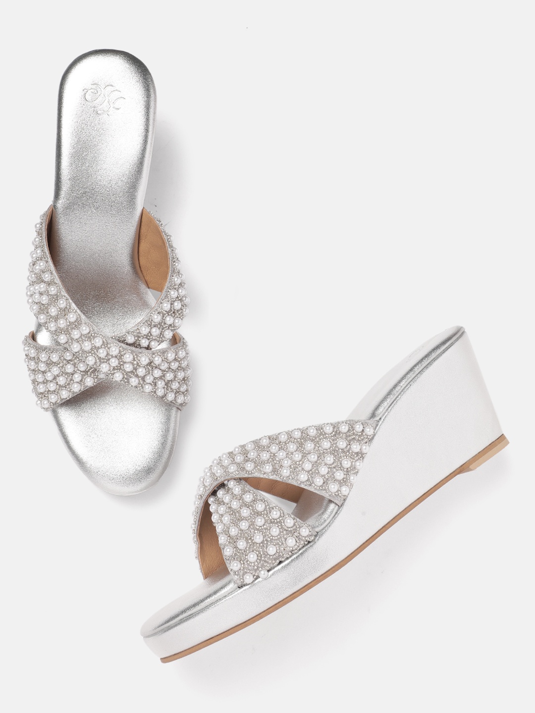 

House of Pataudi Ethnic Embellished Wedge Heels, Silver