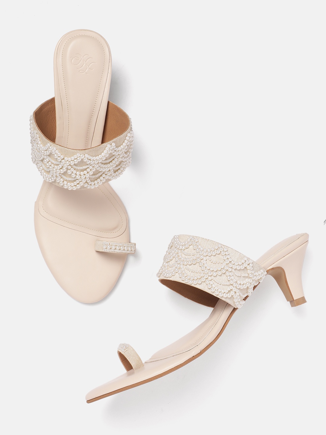 

House of Pataudi Ethnic Embellished Kitten Heels, Beige