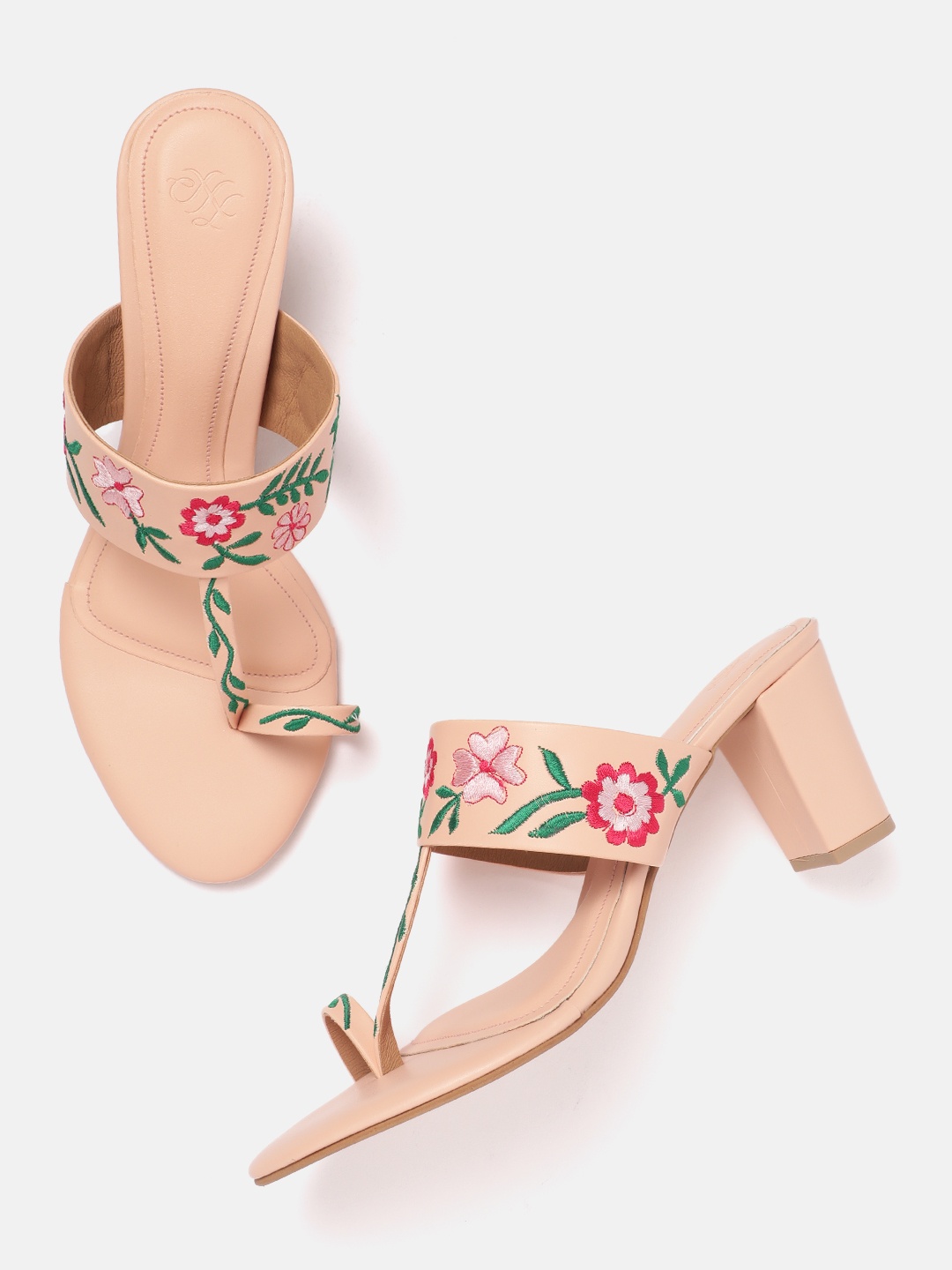 

House of Pataudi Floral Embroidered Block Heels, Peach