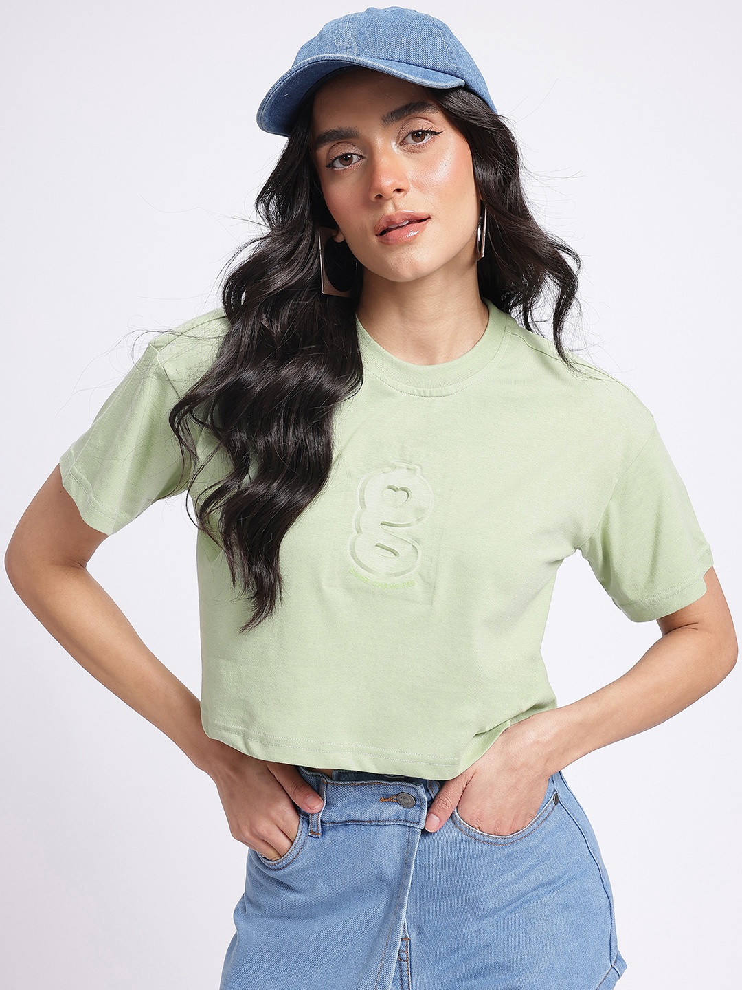 

glitchez Cutesy Crop Embossed Logo Drop-Shoulder Tee, Green