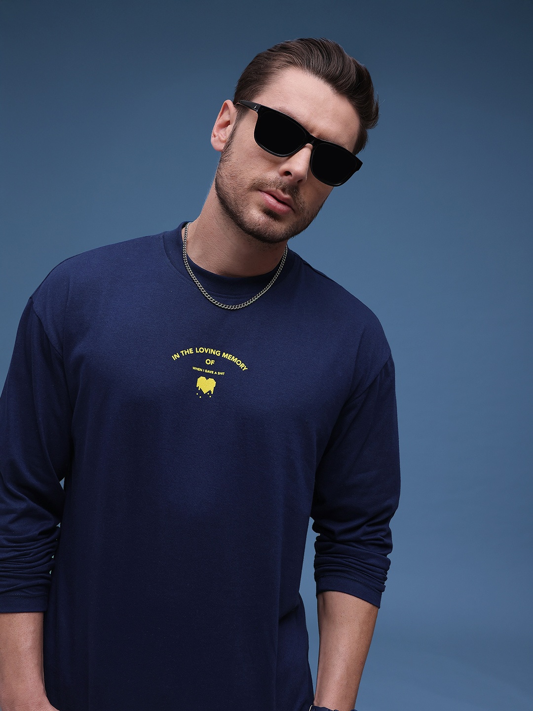 

glitchez Heartfelt Edge Oversized Fit Printed T-shirt, Navy blue