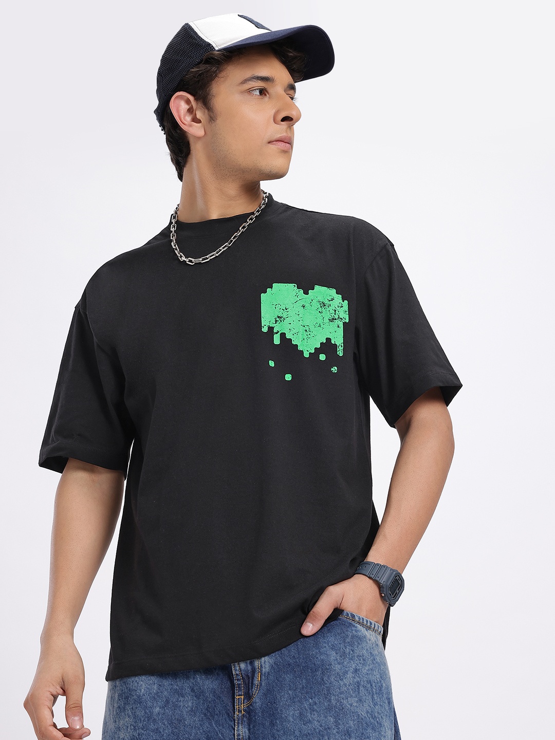 

glitchez Graphic Grit Printed Oversized T-shirt, Black