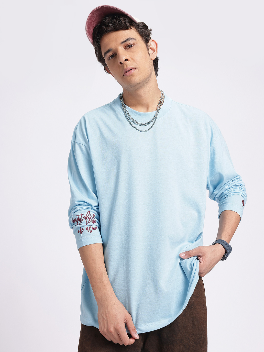 

glitchez Text Talk Printed Sleeve Oversized Fit T-shirt, Blue