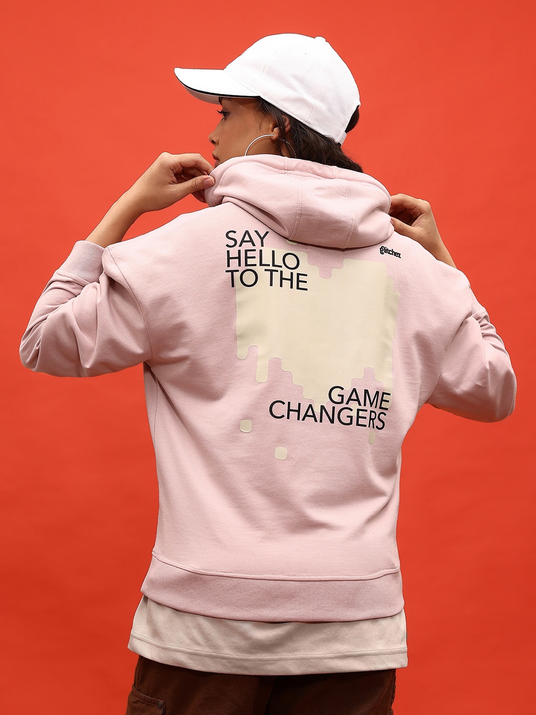 

glitchez Vivid Designs Print Drop-Shoulder Sleeves Oversized Hooded Sweatshirt, Pink