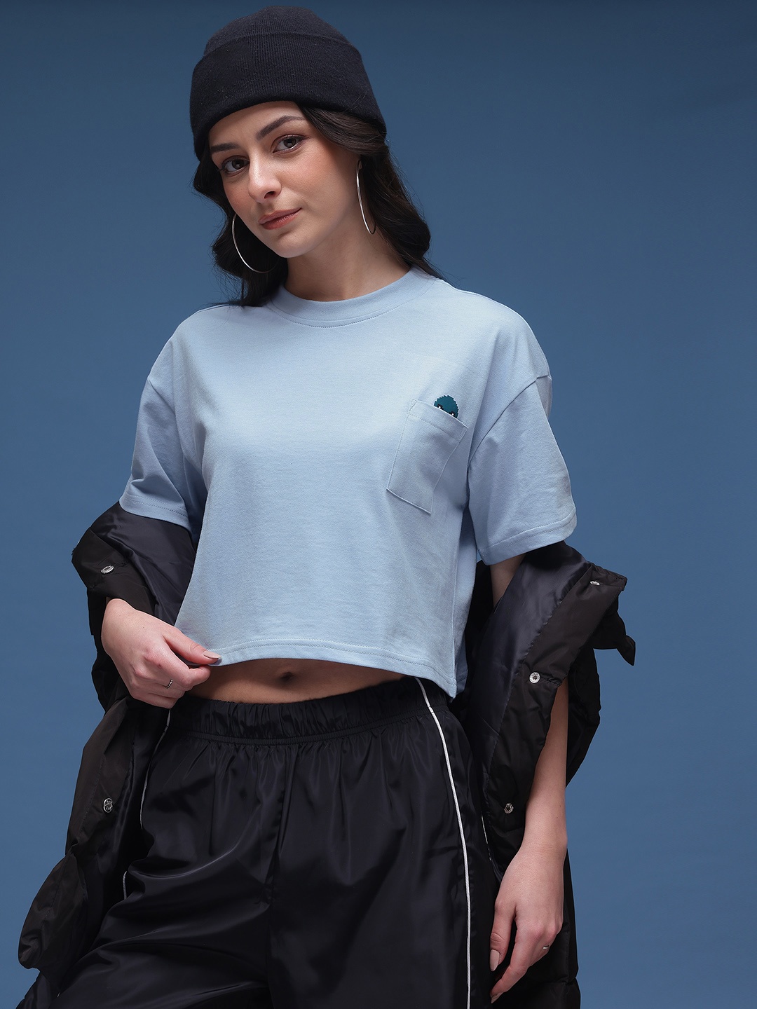 

glitchez Statement Styles Pocket Cropped Boxy T-shirt, Blue