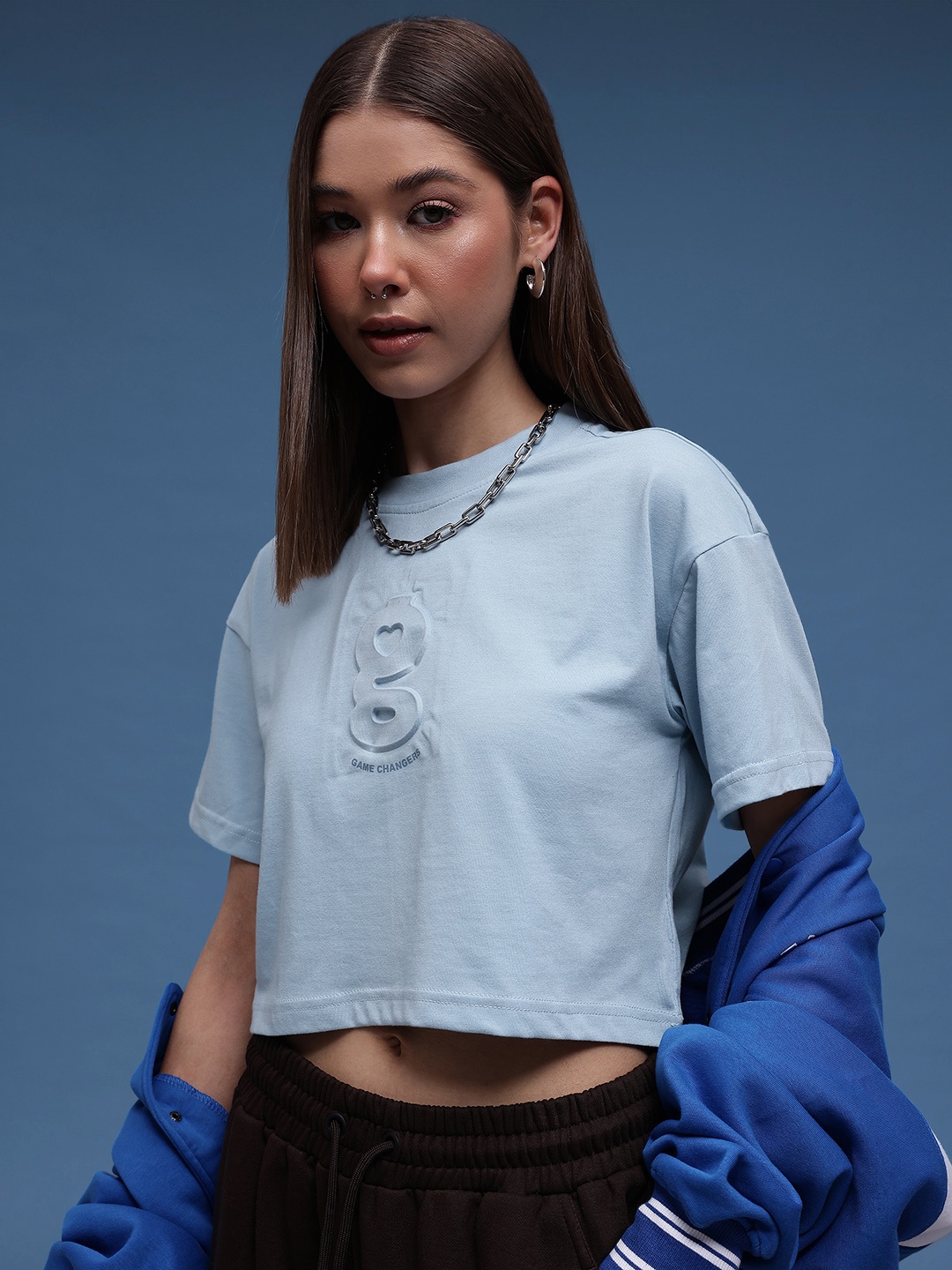 

glitchez Embossed Essentials Drop-Shoulder Boxy Crop Tee, Blue