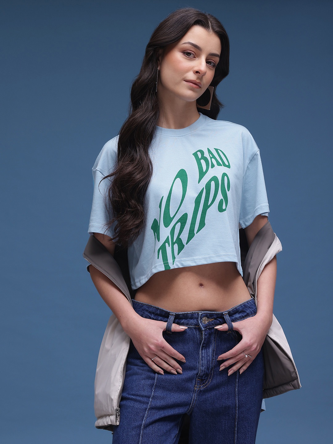 

glitchez Text That's Frolic Drop-Shoulder Sleeves Crop Boxy T-shirt, Blue