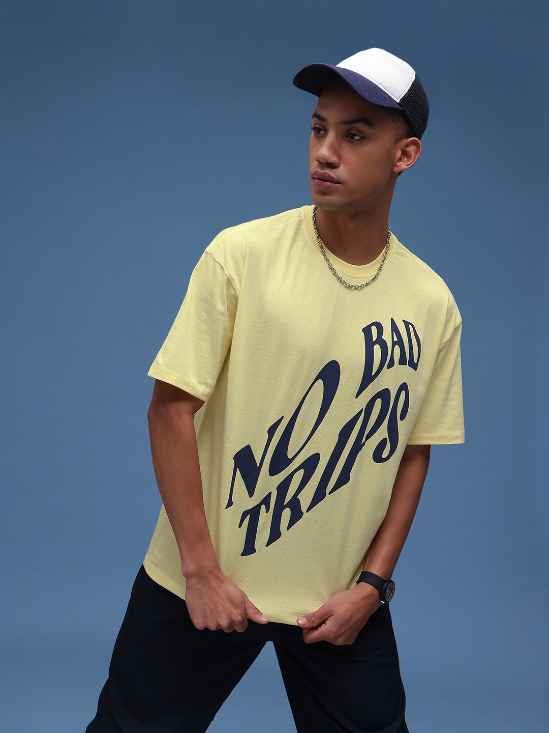 glitchez Vibe Check Typo Print Oversized Fit T-shirt, Yellow