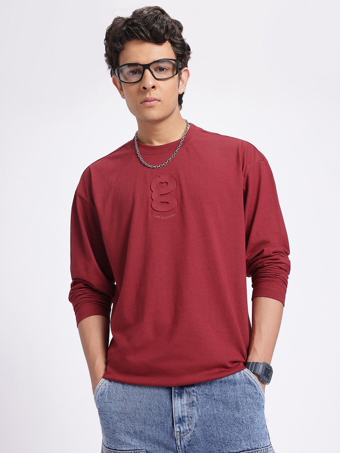 

glitchez Bold Basics Embossed Brand Logo Oversized Fit T-shirt, Maroon