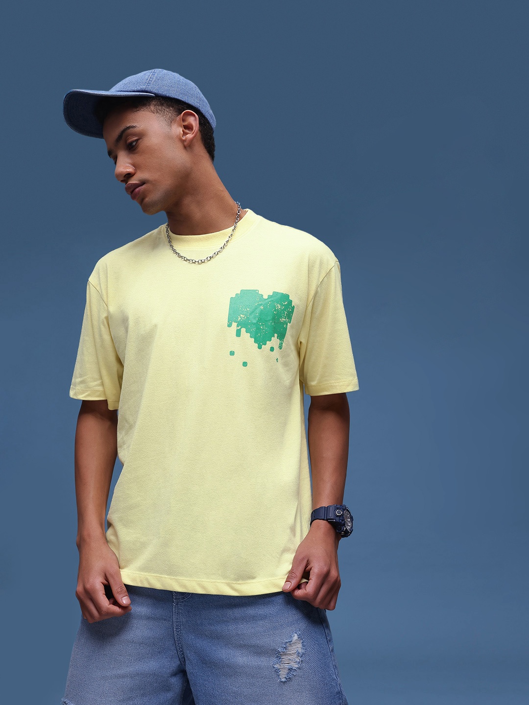 

glitchez Kool Hearts Print Drop-Shoulder Sleeves Oversized T-shirt, Yellow