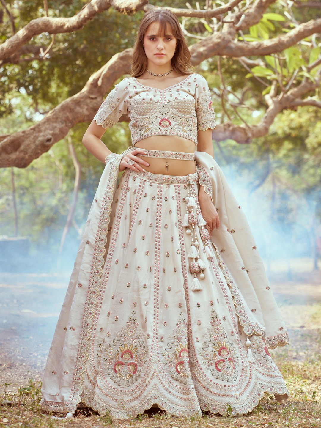 

panchhi Embellished Beads & Stones Semi-Stitched Lehenga & Unstitched Blouse With Dupatta, Cream