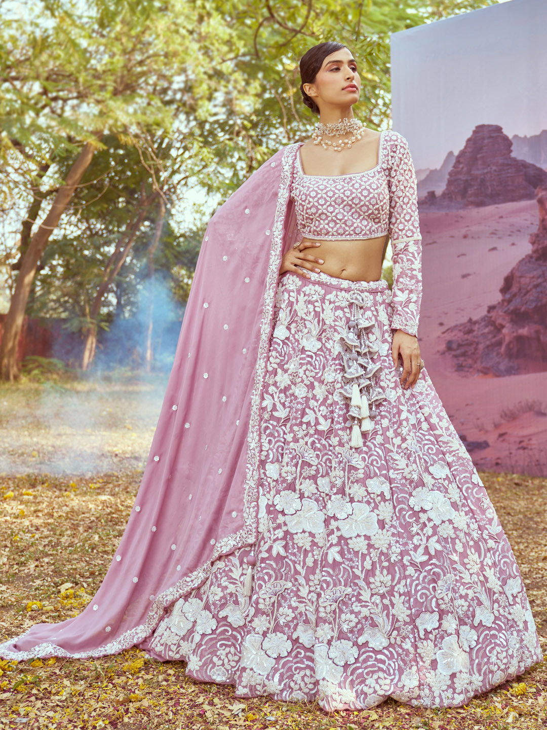 

panchhi Embellished Beads & Stones Semi-Stitched Lehenga & Unstitched Blouse With Dupatta, Lavender