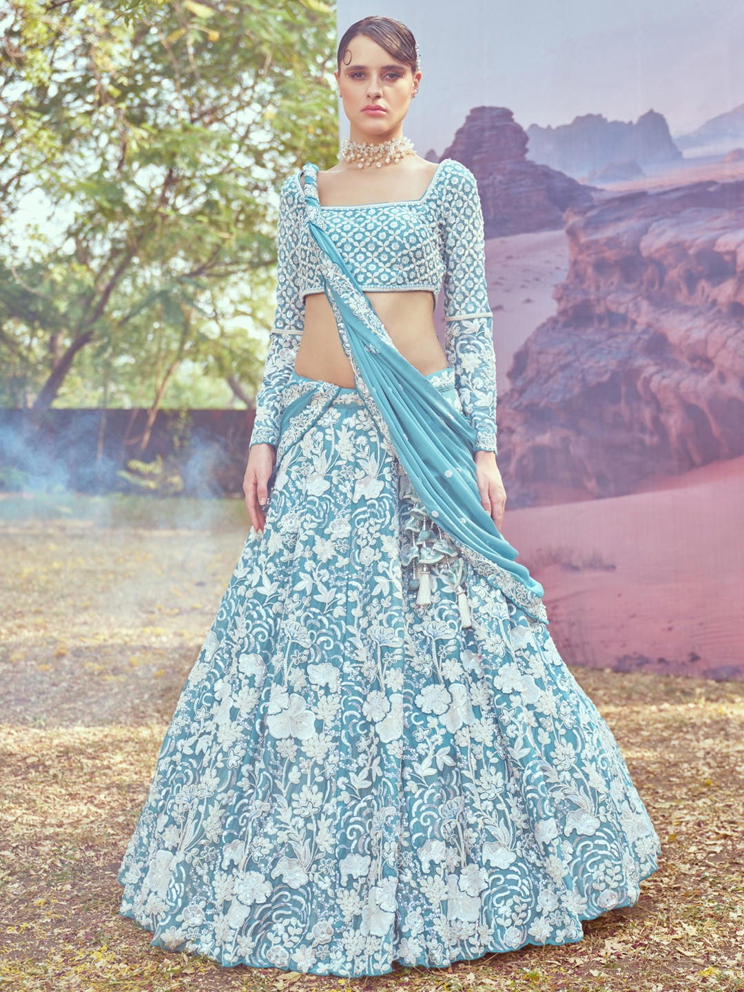 

panchhi Embellished Beads & Stones Semi-Stitched Lehenga & Unstitched Blouse With Dupatta, Turquoise blue