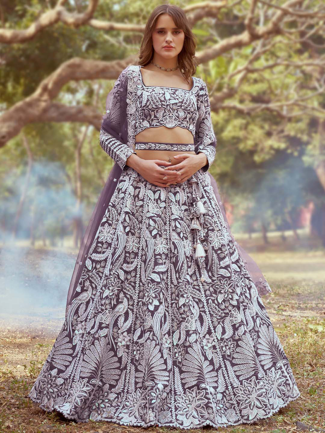 

panchhi Embellished Beads & Stones Semi-Stitched Lehenga & Unstitched Blouse With Dupatta, Lavender