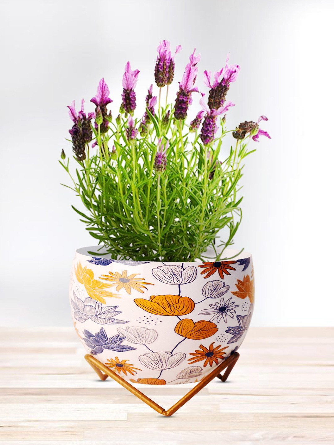 

Nymph White & Yellow 2 Pieces Printed Flower Planters With Stand