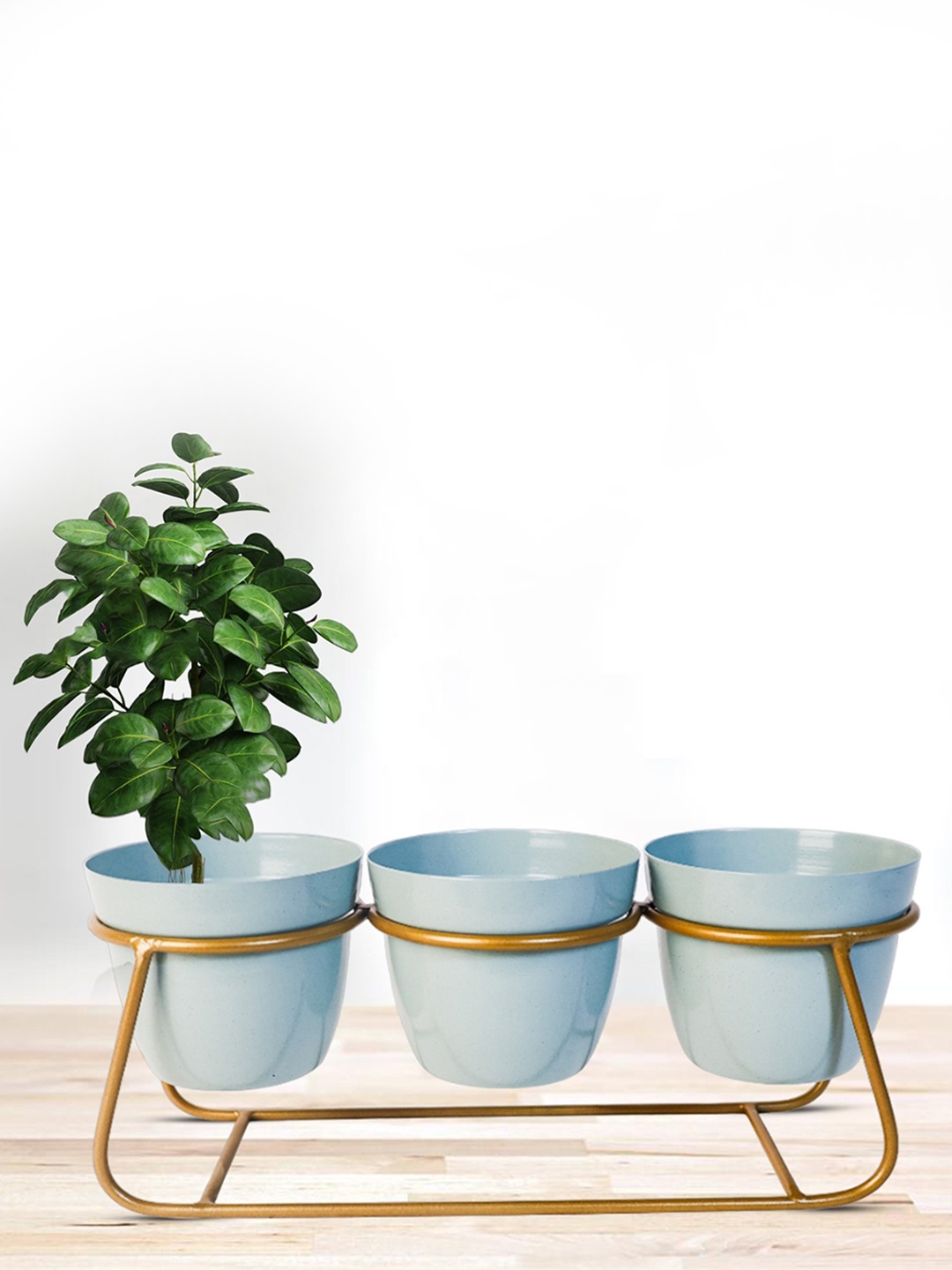 

Nymph Reva Blue & Gold-Toned 3 Pieces Flower Planters With Stand