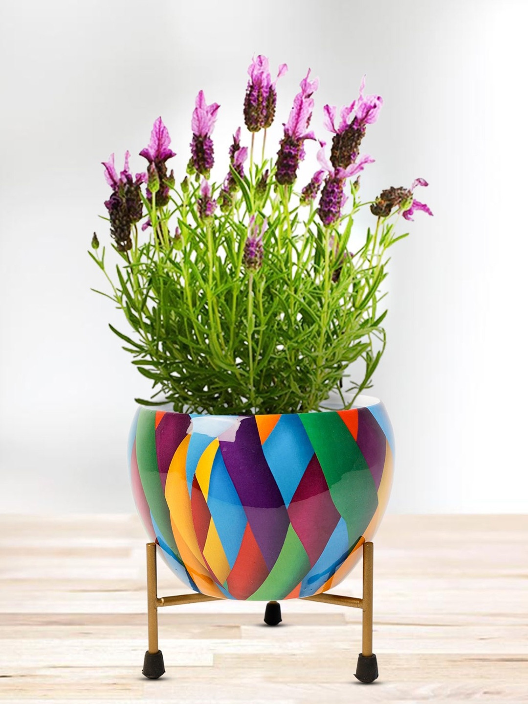 

Nymph Reva Home Blue & Yellow Printed Indoor Flower Pot With Stand