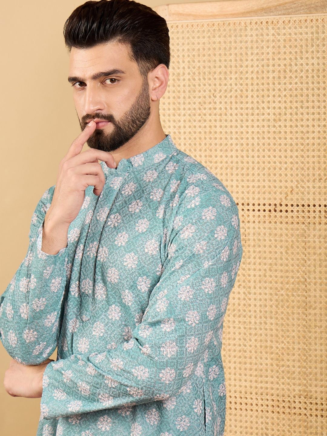 

Ethnic Bay Ethnic Motifs Printed Mandarin Collar Straight Kurta, Sea green