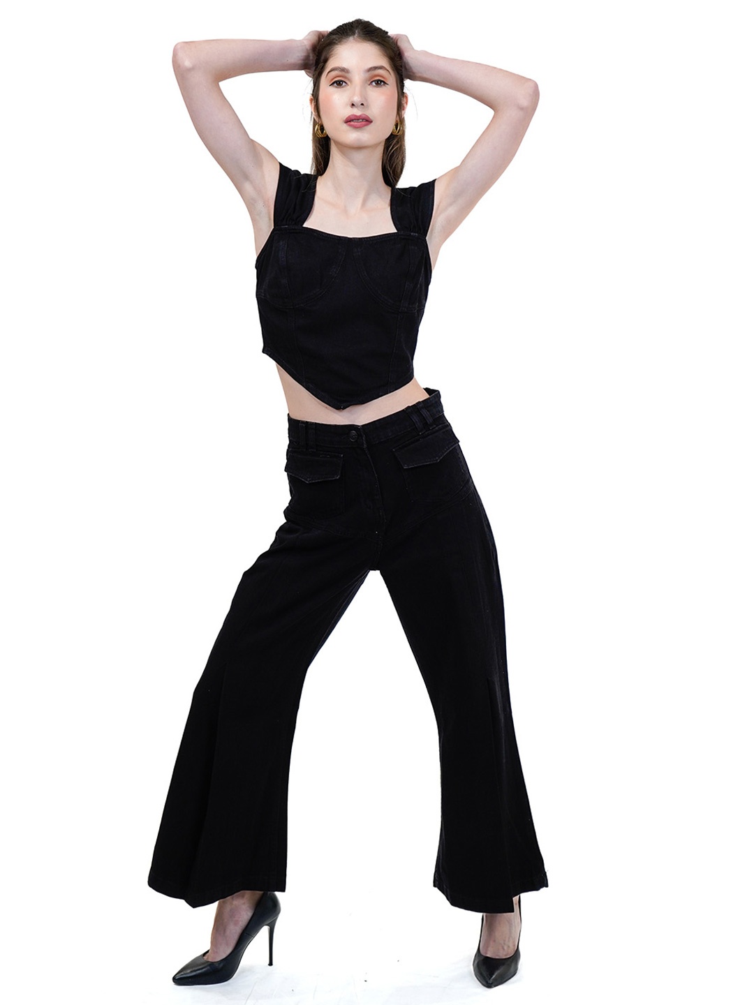 

COSMIC TRIO Square Neck Sleeveless Pure Cotton Top With Trouser, Black