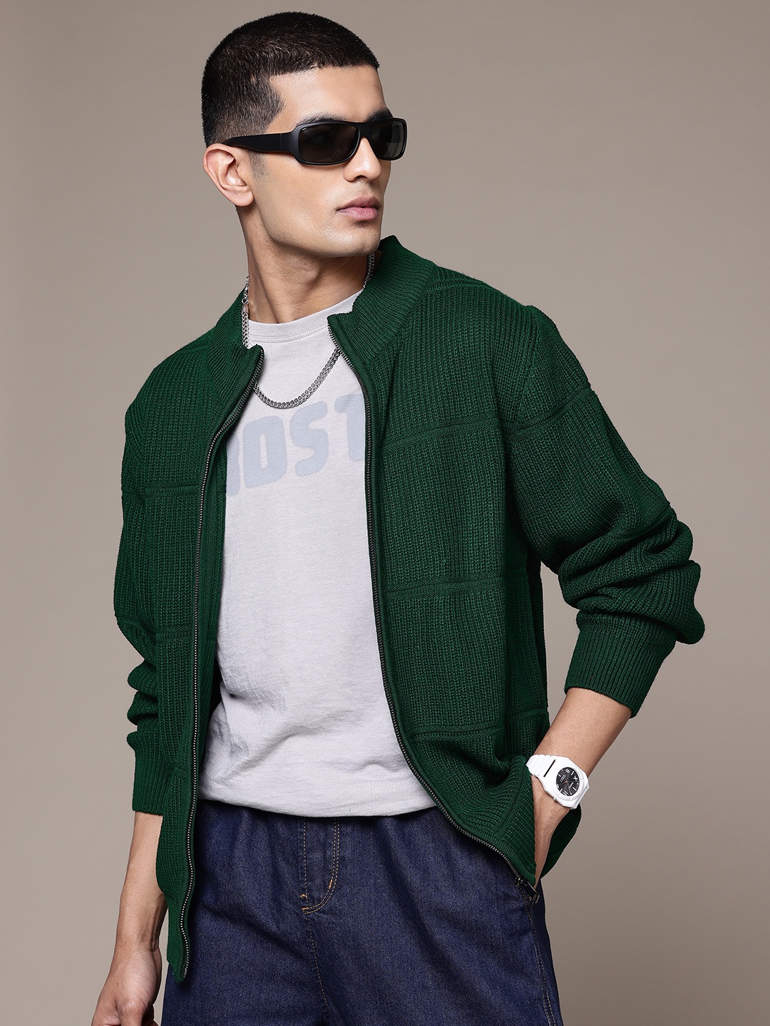 

The Roadster Lifestyle Co. Ribbed Mock Collar Open Front Sweater, Green