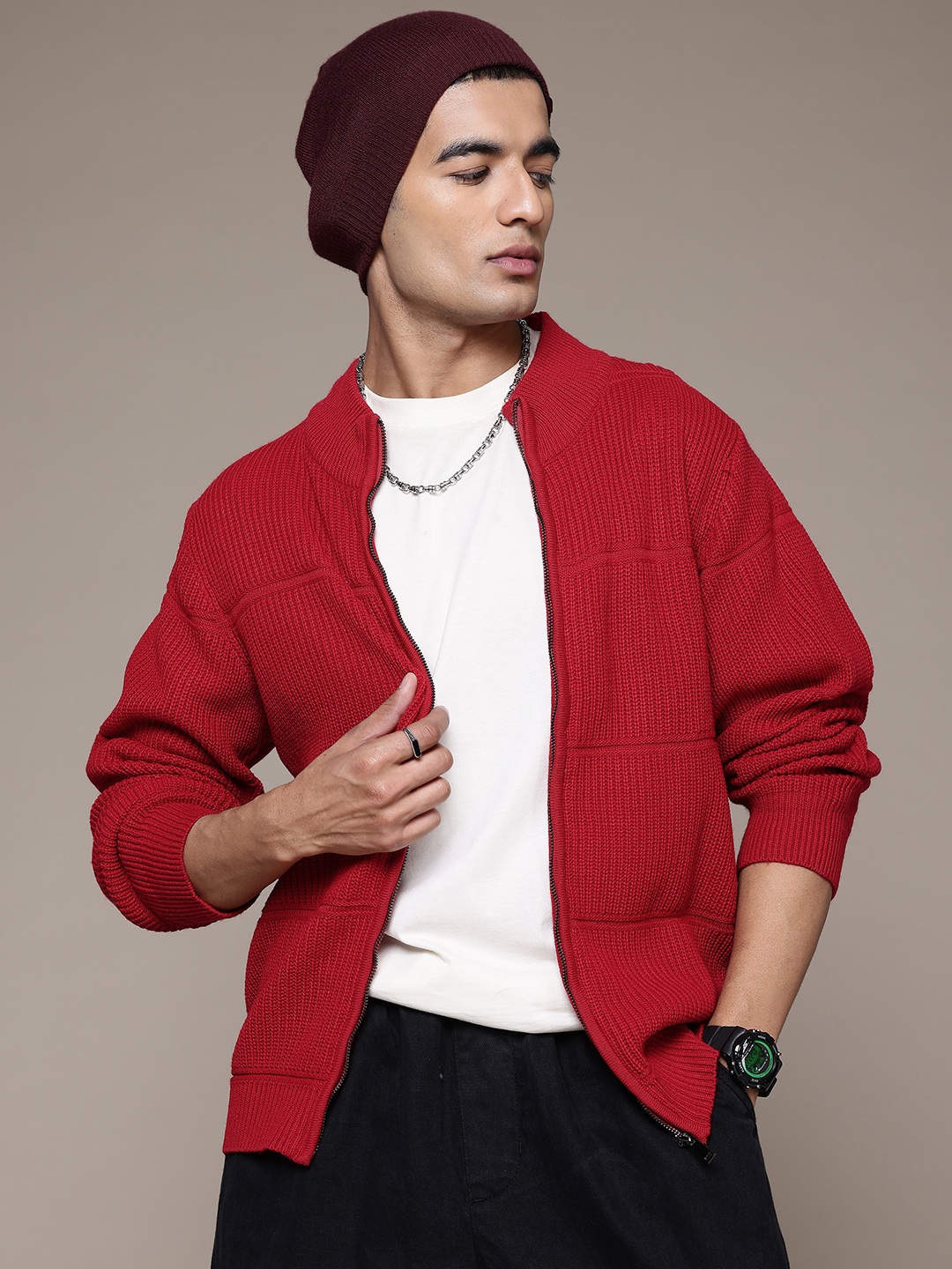 

The Roadster Lifestyle Co. Ribbed Mock Collar Open Front Sweater, Maroon