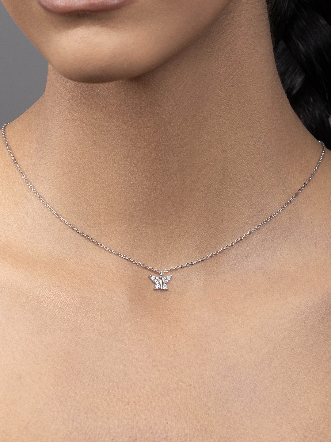 

Silverfied 925 Sterling Silver Rhodium-Plated Stone Studded Butterfly Minimal Chain