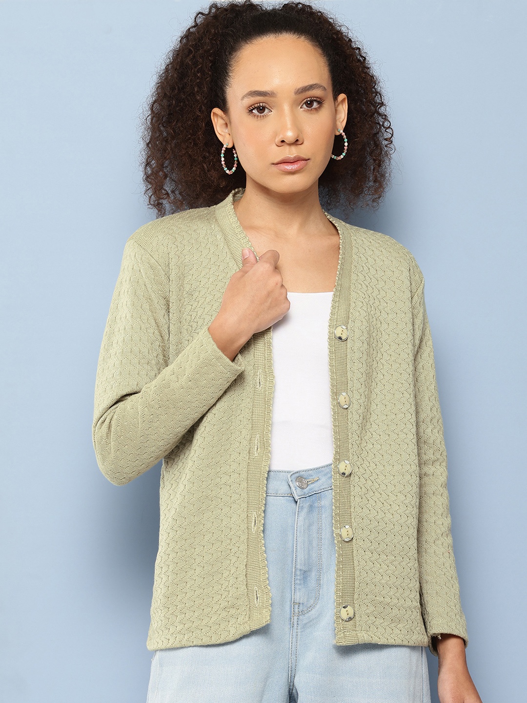 

Aarika Open Knit Woollen Cardigan, Sea green