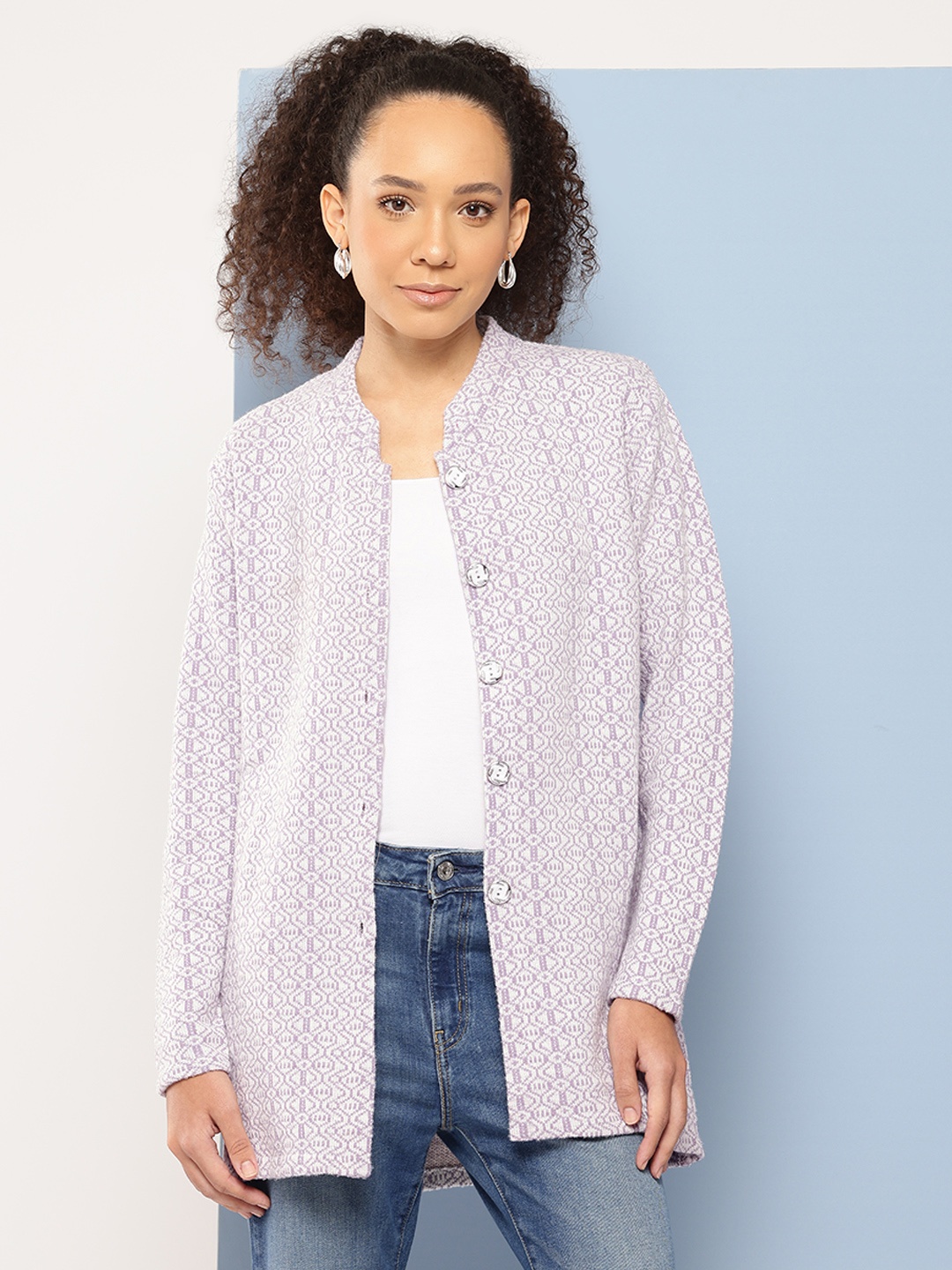 

Aarika Geometric Printed Woollen Cardigan, Purple