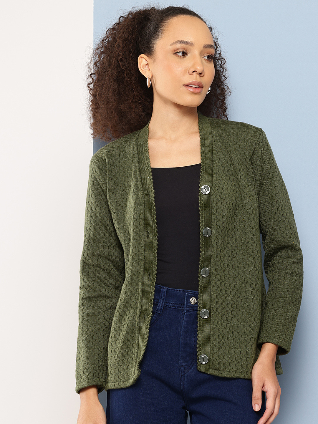 

Aarika Open Knit Woollen Cardigan, Green