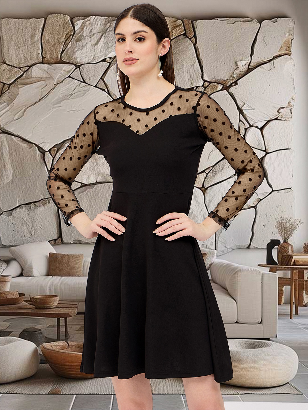 

DressBerry Women Round Neck Fit & Flare Above Knee Dress, Black