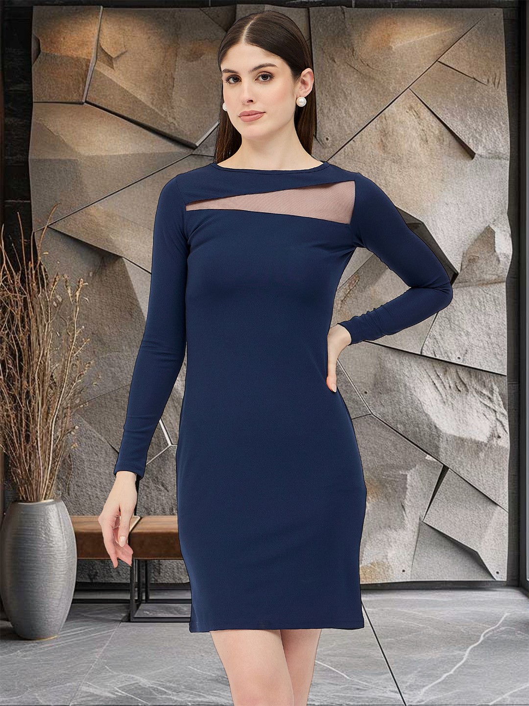 

DressBerry Women Boat Neck Bodycon Above Knee Dress, Blue