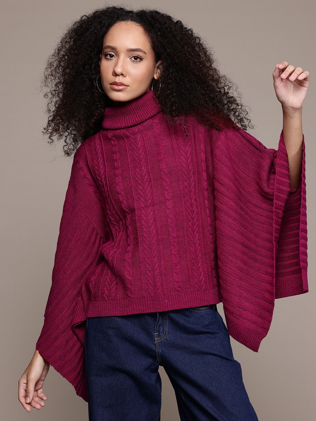 

The Roadster Lifestyle Co. Self Design Turtle Neck Cable Knit Pullover, Maroon