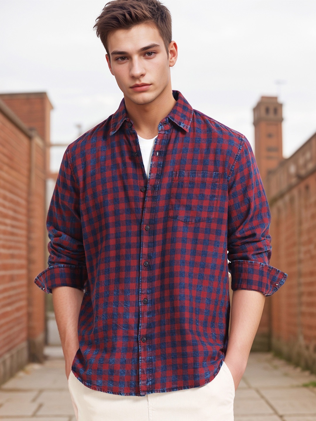 

SILISOUL Men Classic Spread Collar Gingham Checked Denim Casual Shirt, Navy blue
