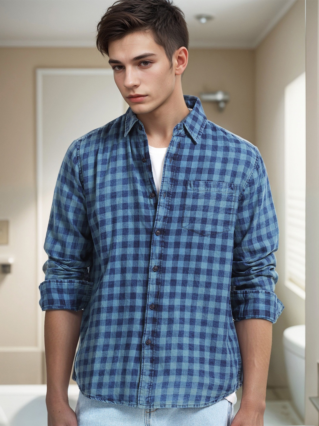 

SILISOUL Men Classic Spread Collar Gingham Checked Denim Casual Shirt, Navy blue