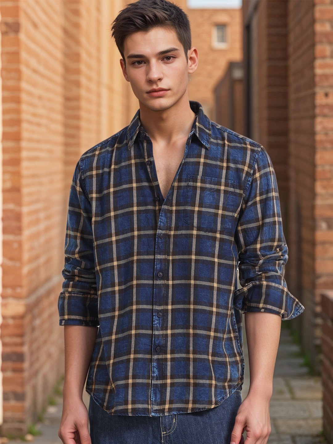 

SILISOUL Men Classic Fit Spread Collar Tartan Checked Denim Casual Shirt, Navy blue