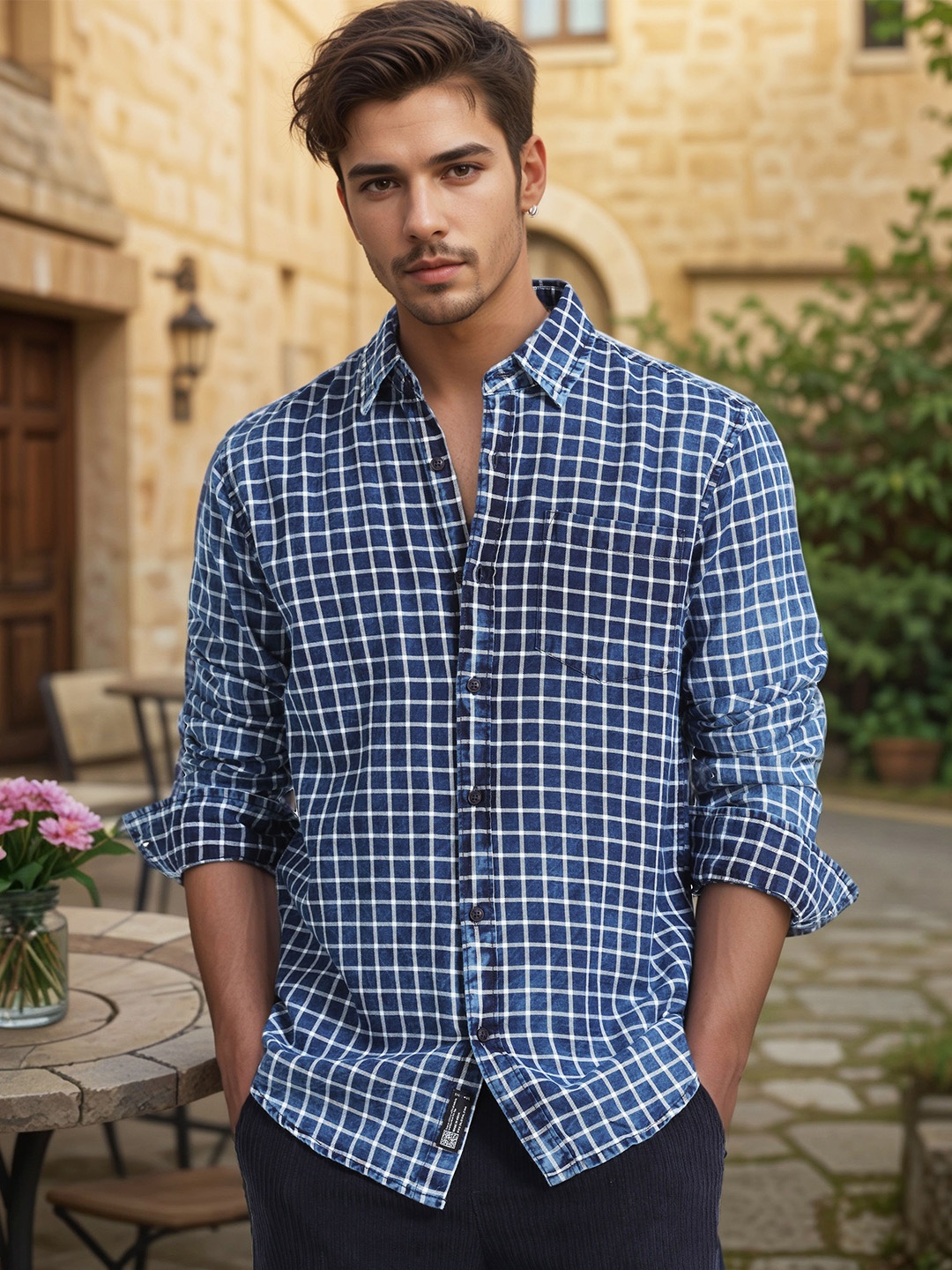 

SILISOUL Men Classic Spread Collar Gingham Checked Denim Casual Shirt, Navy blue