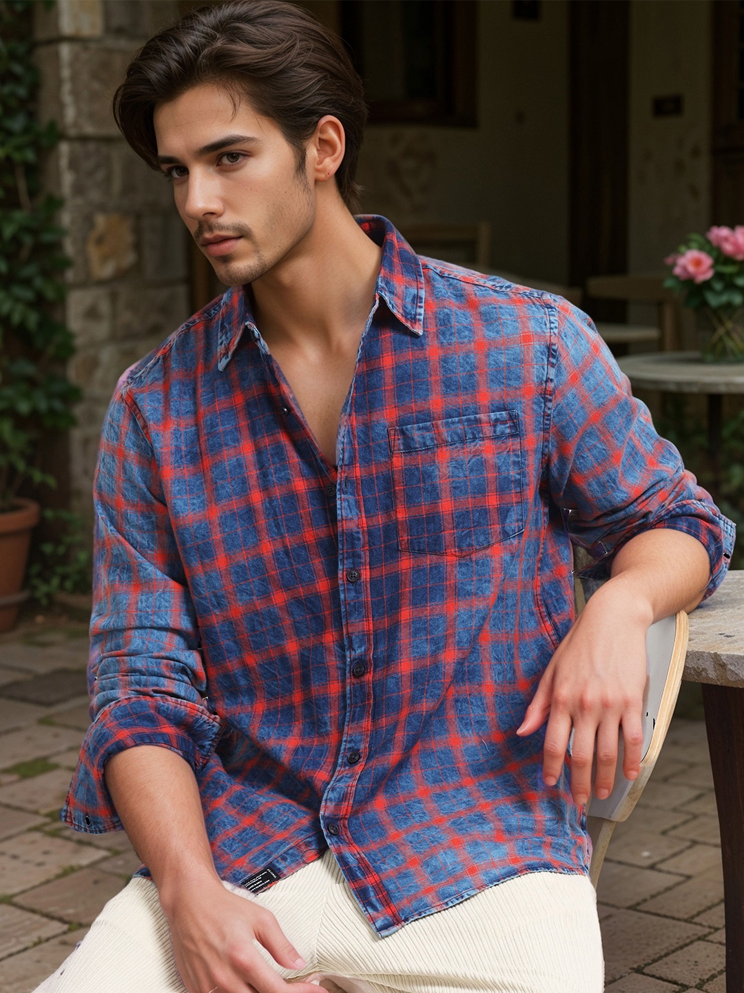 

SILISOUL Men Classic Spread Collar Checked Denim Casual Shirt, Navy blue