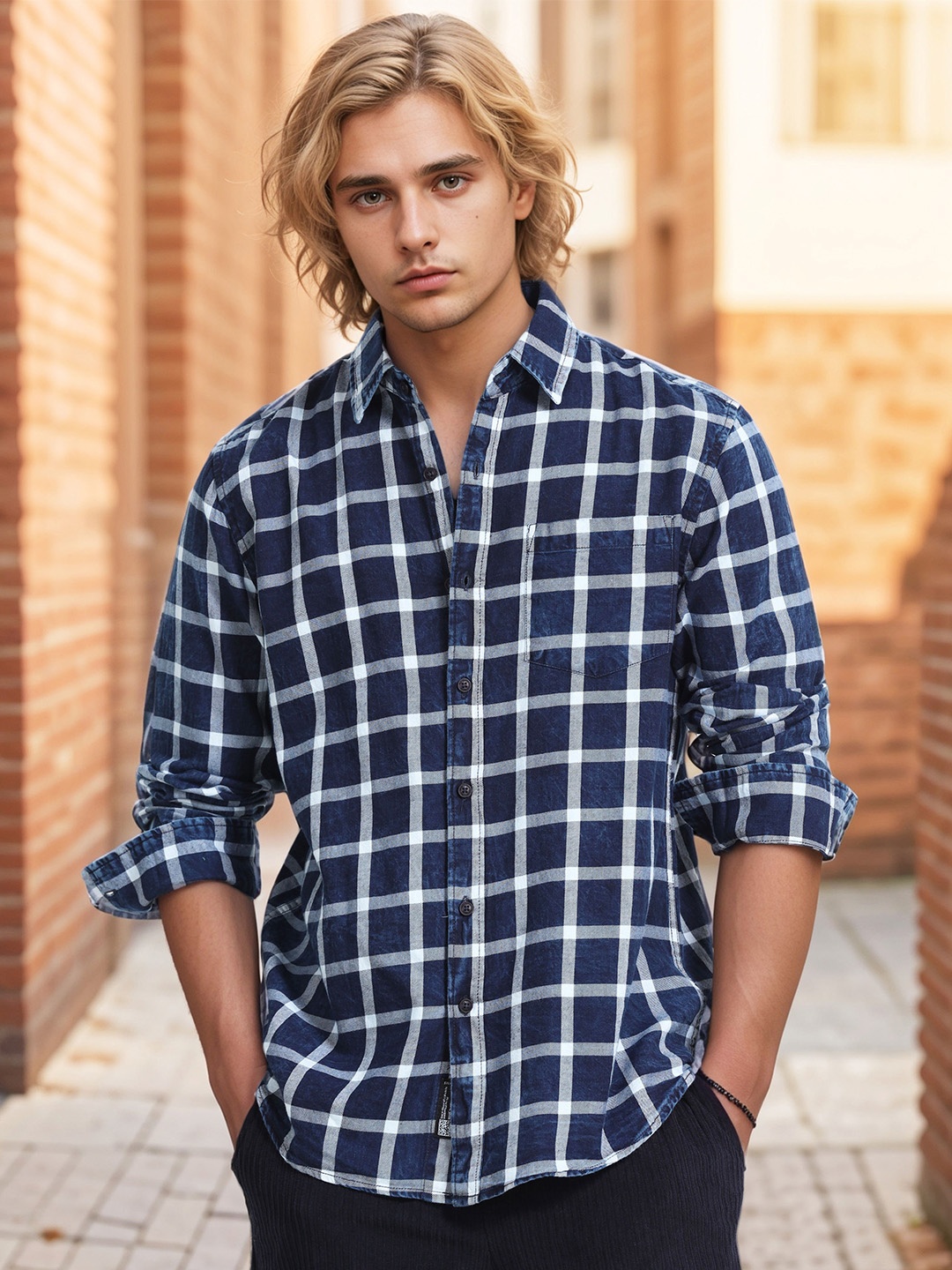 

SILISOUL Men Classic Spread Collar Tartan Checked Denim Slim Fit Casual Shirt, Navy blue