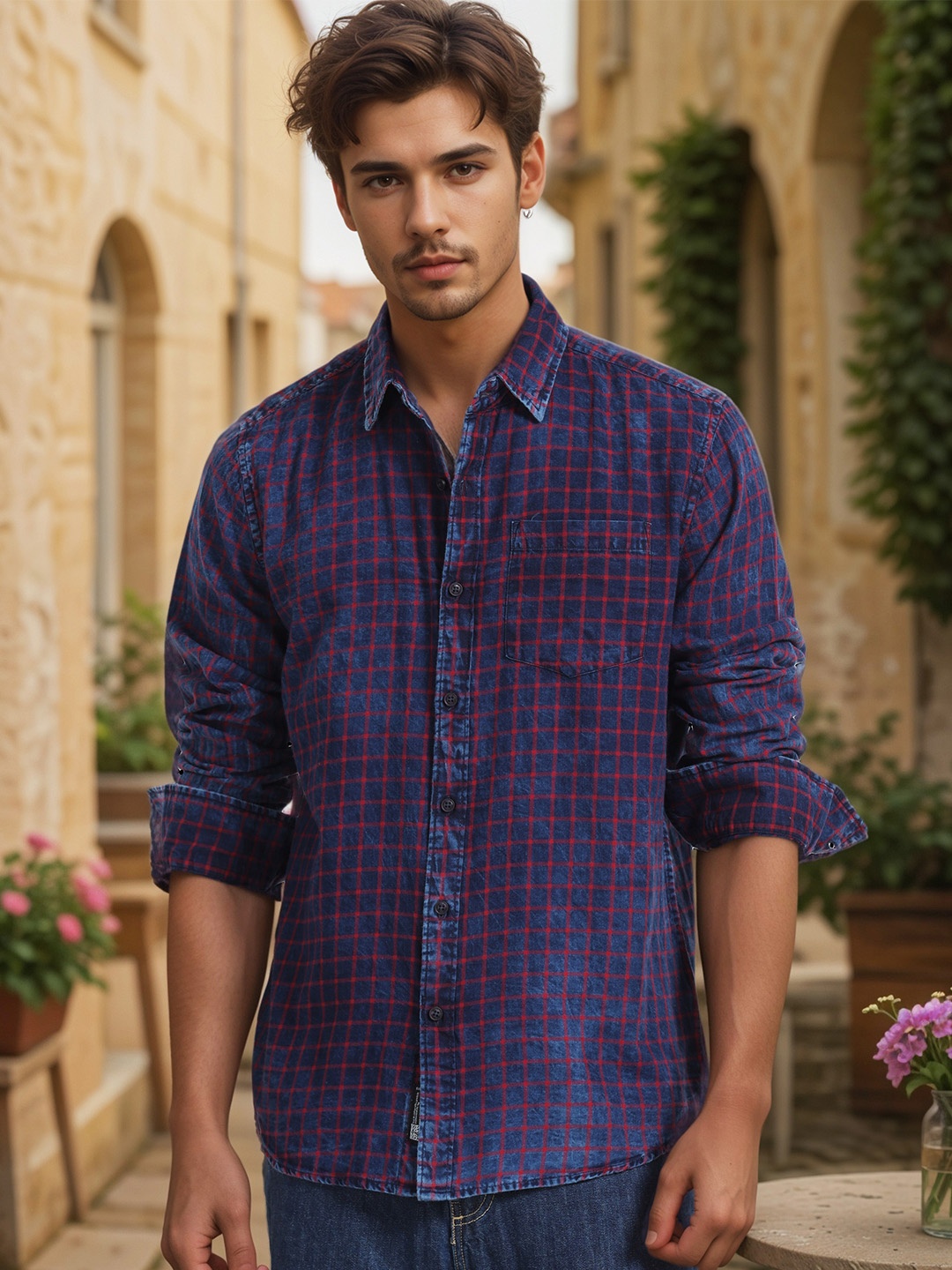 

SILISOUL Men Classic Spread Collar Checked Denim Casual Shirt, Navy blue