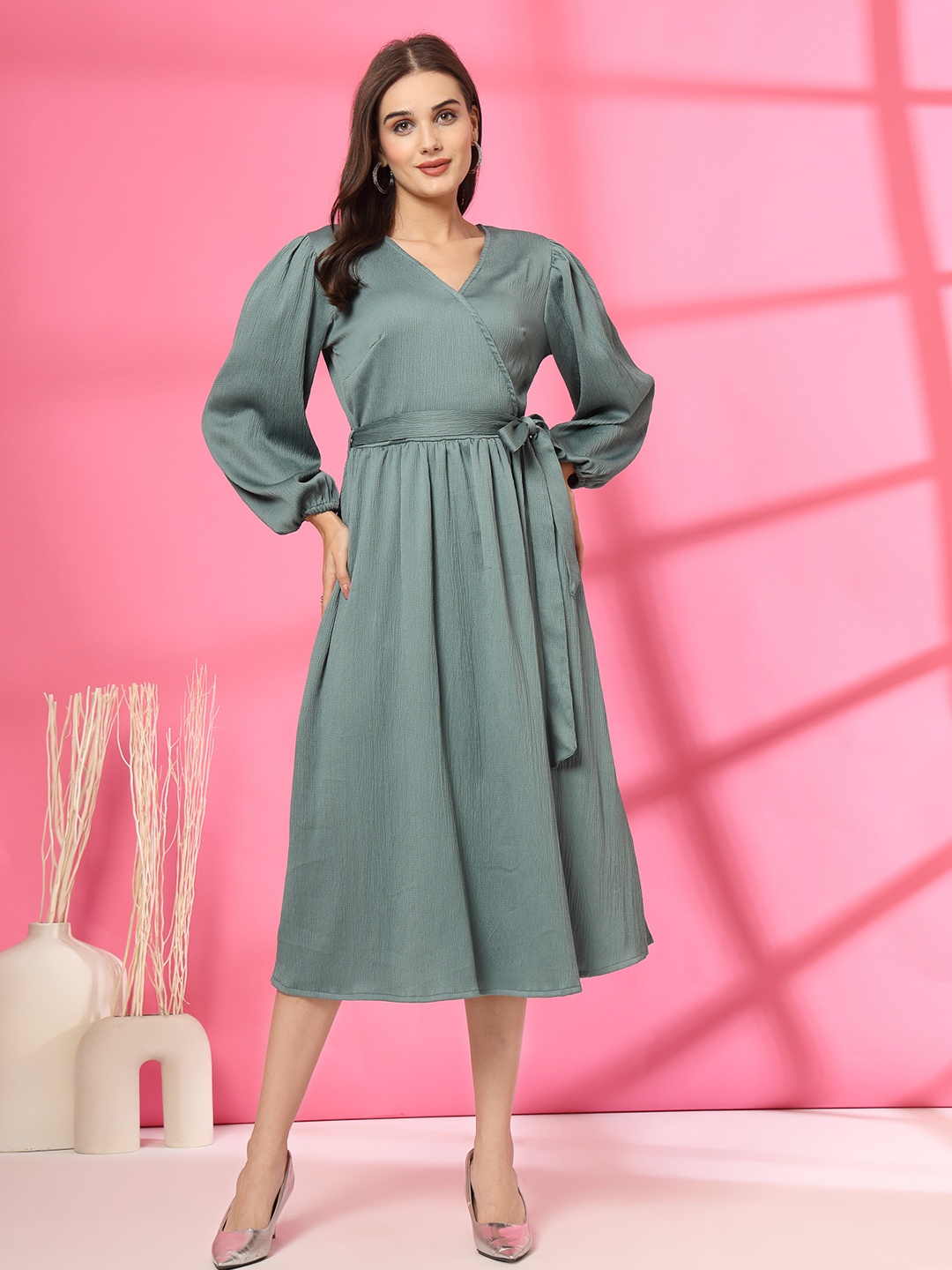 

plusS Women V-Neck Wrap Midi Dress, Sea green
