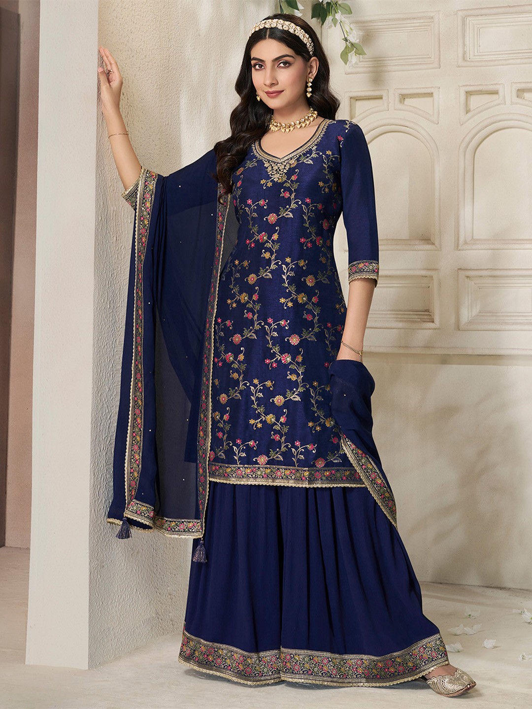 

Seerat Floral Embroidered Sequinned Jacquard Pure Silk Kurta with Sharara & Dupatta, Blue