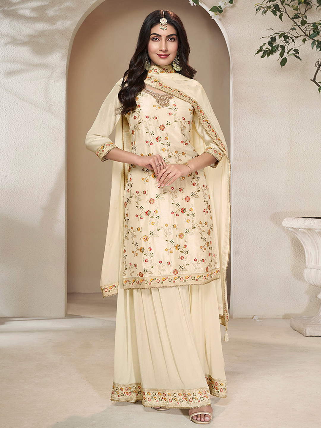 

Seerat Floral Embroidered Sequinned Jacquard Pure Silk Kurta with Sharara & Dupatta, Cream