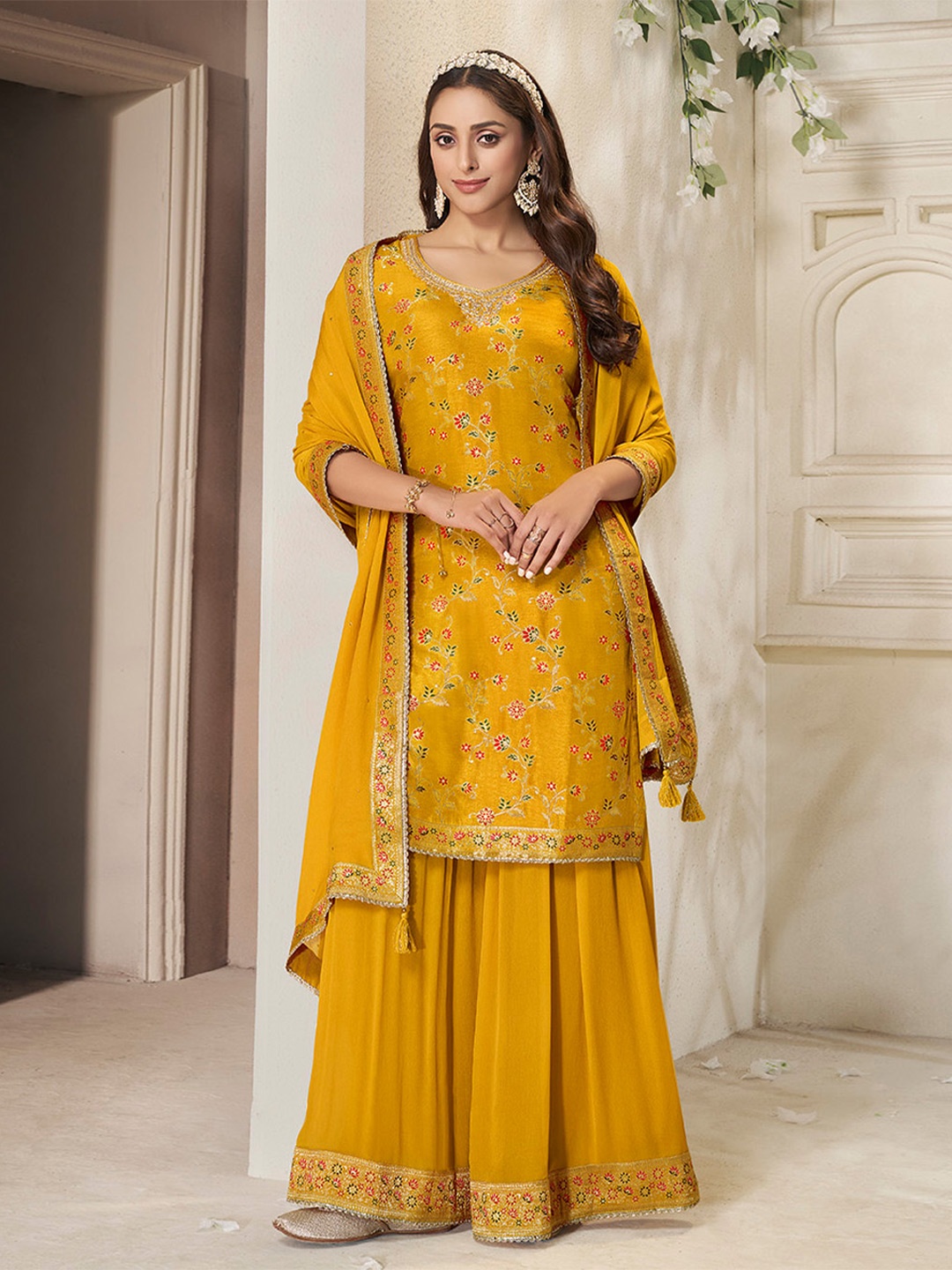 

Seerat Floral Embroidered Sequinned Jacquard Pure Silk Kurta with Sharara & Dupatta, Mustard