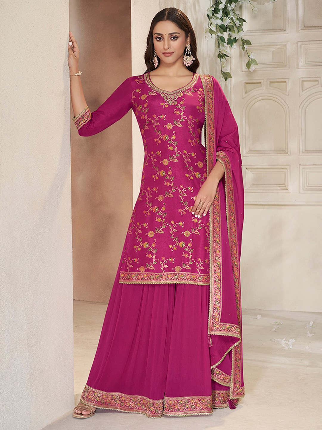 

Seerat Floral Embroidered Sequinned Jacquard Pure Silk Kurta with Sharara & Dupatta, Magenta