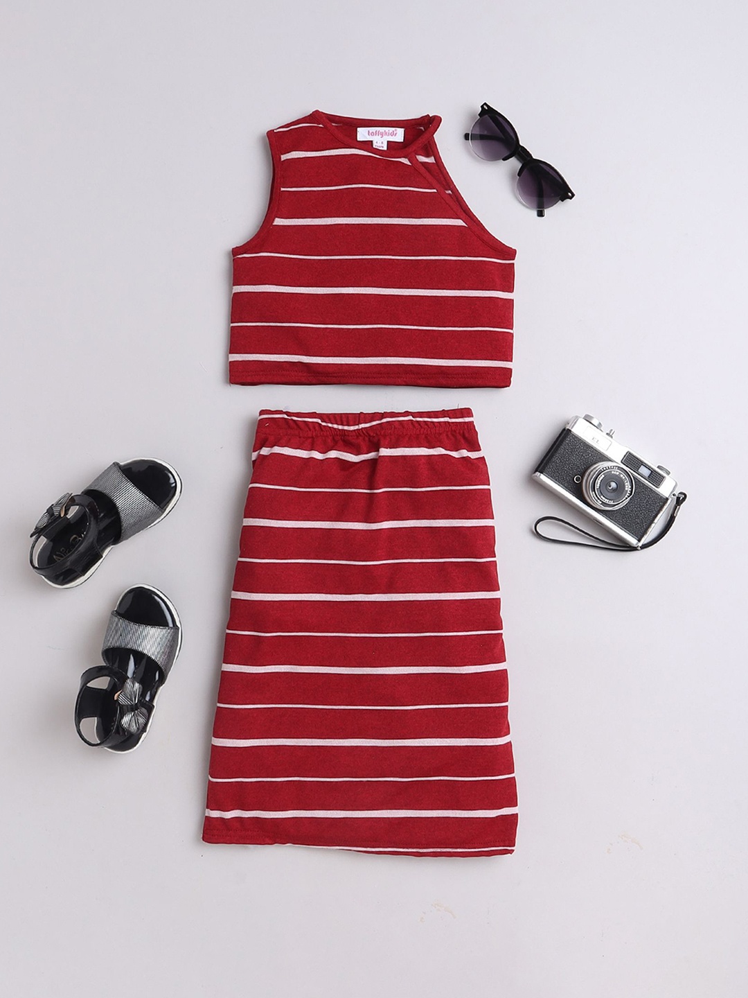 

taffykids Girls Striped Round Neck Crop Top With Skirt, Maroon